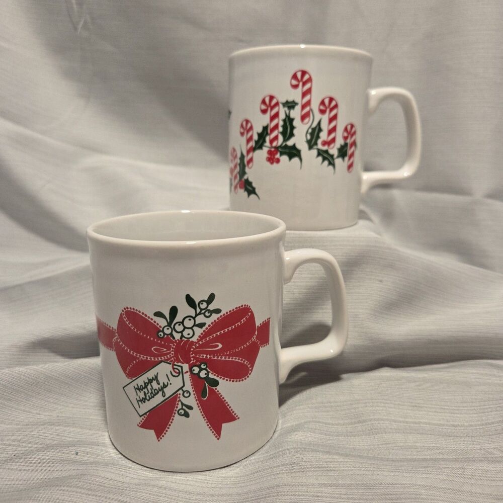 Set Of 2 Kiln Craft Mugs w Candy Canes & Holly Made In Staffordshire, England